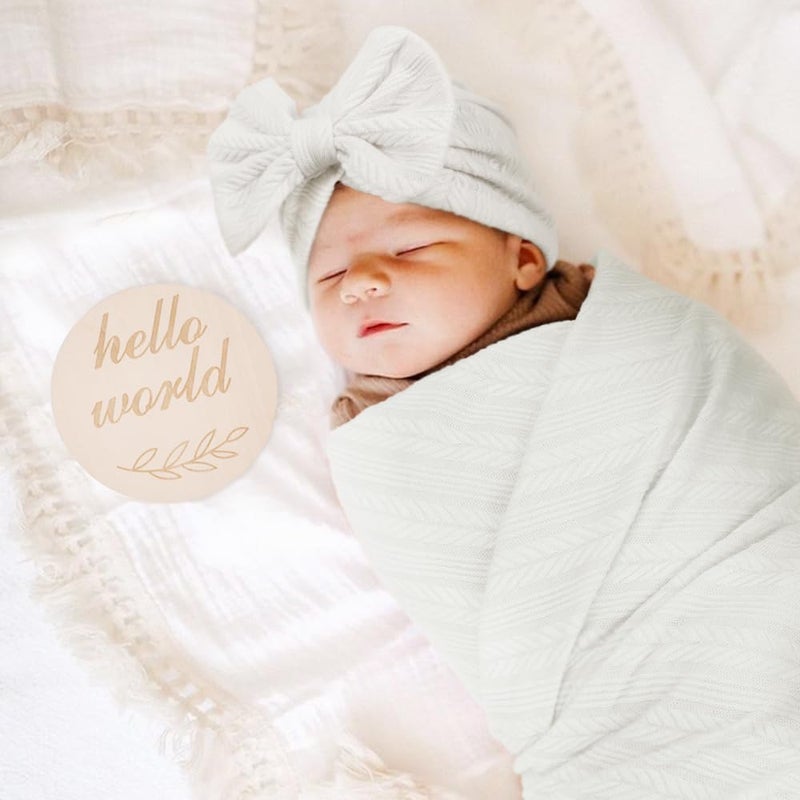 DRESHOW BQUBO Baby Swaddle Blankets for Girls, 4PCS Newborn Accessories Set with Hat and Bow Headband with Hello World Wooden Birth Announcement Card, Baby Blankets for Girls (White) - Image 2